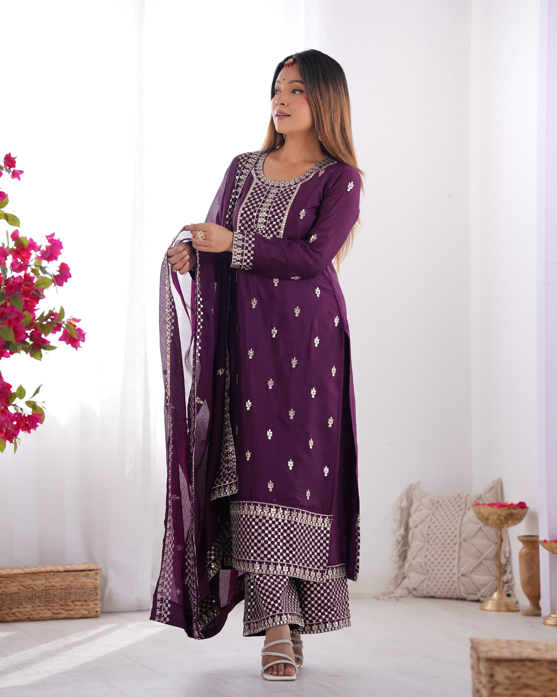 Lorenvalley Purple Chinon Silk Embroidery Sequence and Jari Work Kurta Trousers with Dupatta Set | Swadesiicart