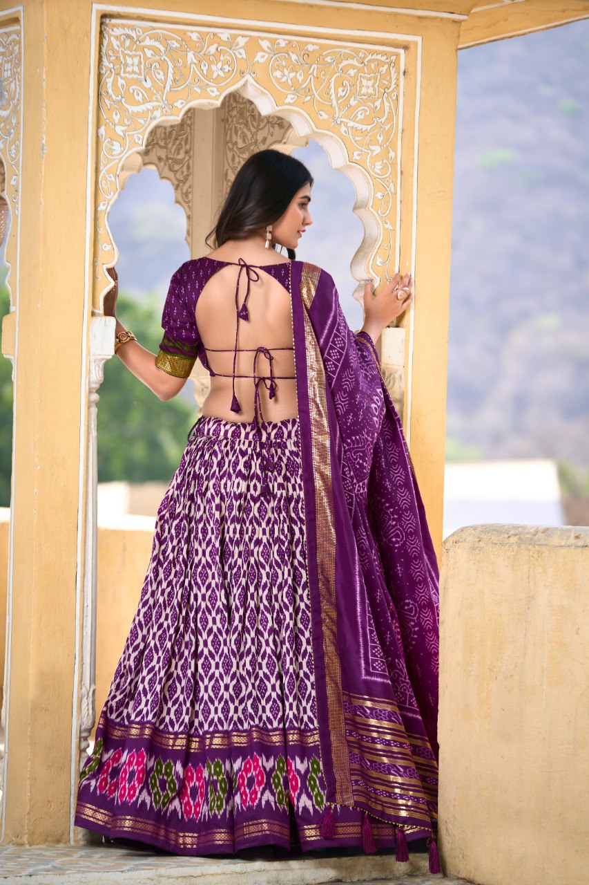 Lorenvalley Purple Tussar Silk Ikkat Print With Foil Work Lehenga Choli with Dupatta | Swadesiicart
