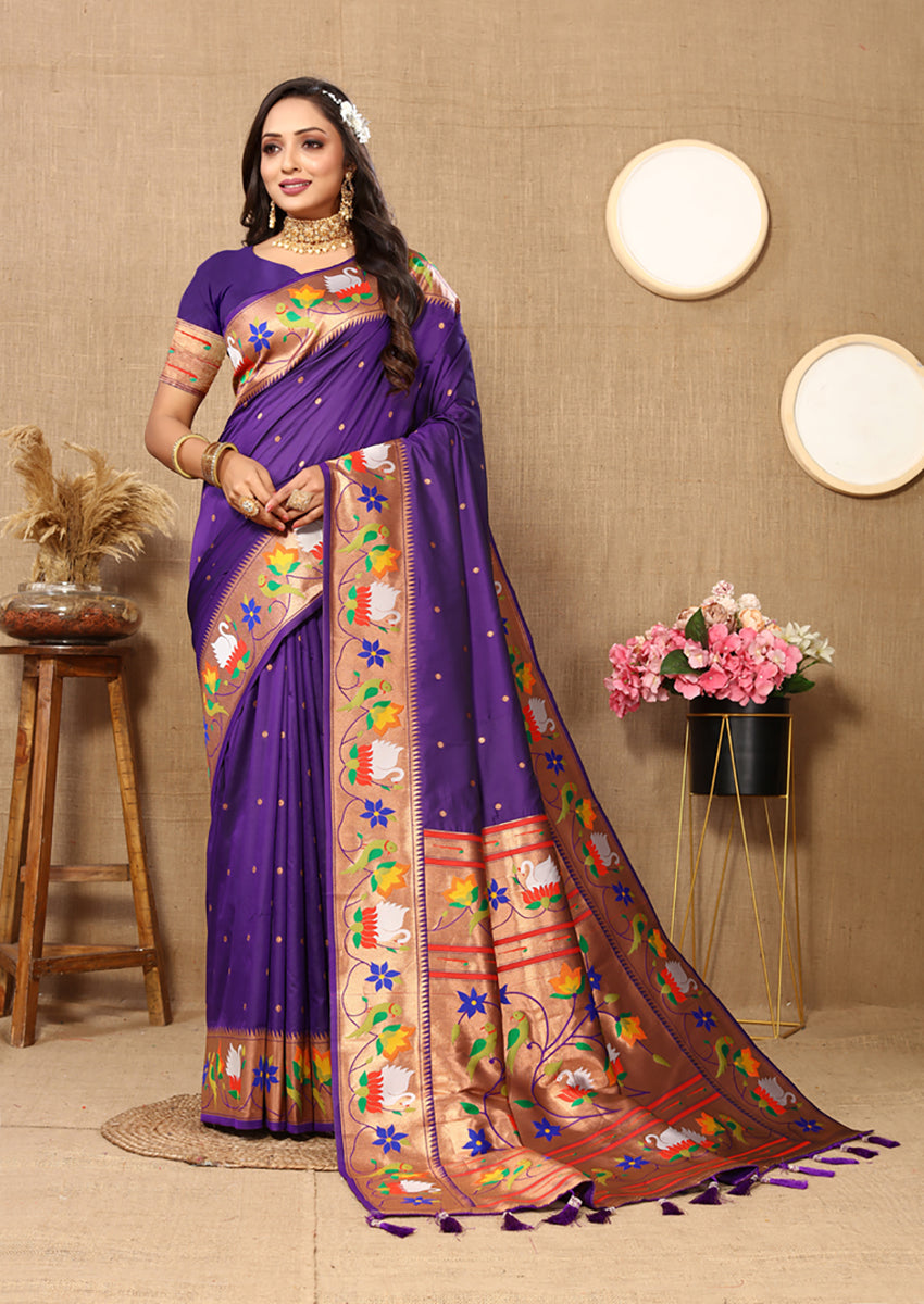 Lorenvalley Fashion Purple Soft Paithani Silk Woven Design Rich Zari Meenakari Weaving Saree - Swadesiicart