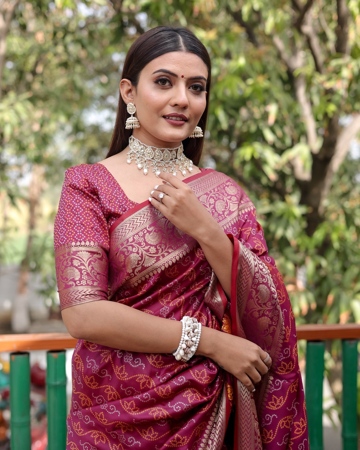 Lorenvalley Premium Bandhej Patola Silk Sarees with kanchi Borders and Contrast Zari Weaving borders Saree - Purple - Swadesiicart