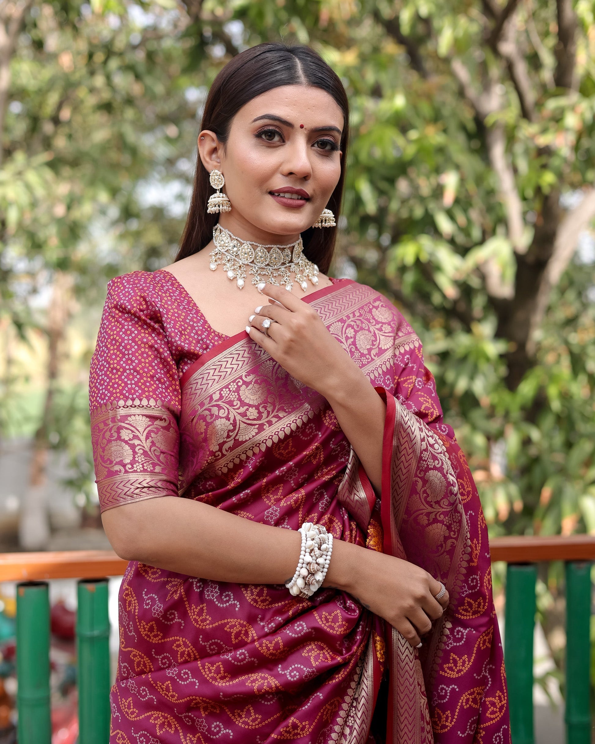Lorenvalley Premium Bandhej Patola Silk Sarees with kanchi Borders and Contrast Zari Weaving borders Saree - Purple - Swadesiicart