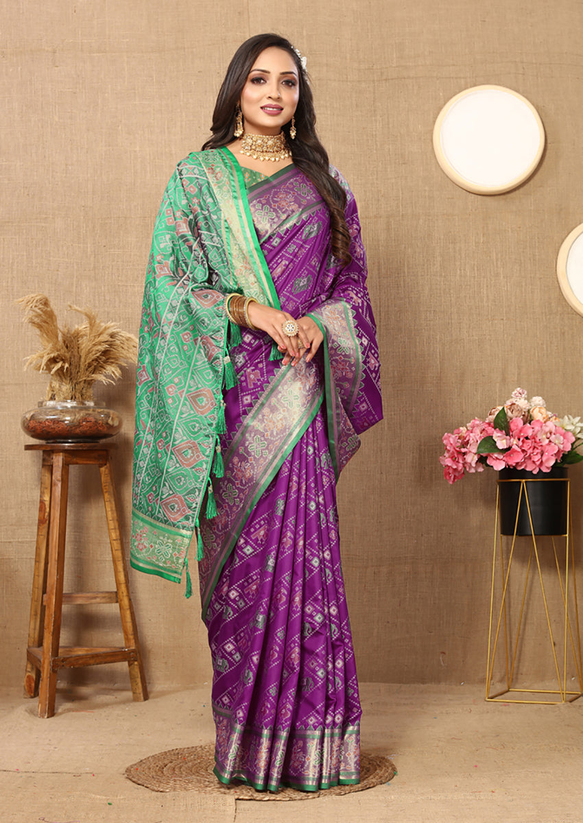 Lorenvalley Fashion Purple Patola Silk Woven Design with Zari Meenakari Weaving motifs Pallu Saree - Swadesiicart