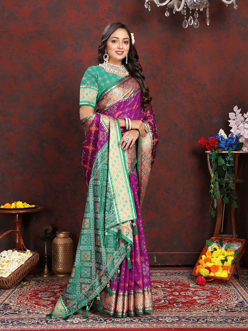 Lorenvalley Fashion Purple Patola Silk Woven Design with Zari Meenakari Weaving motifs Pallu Saree - Swadesiicart