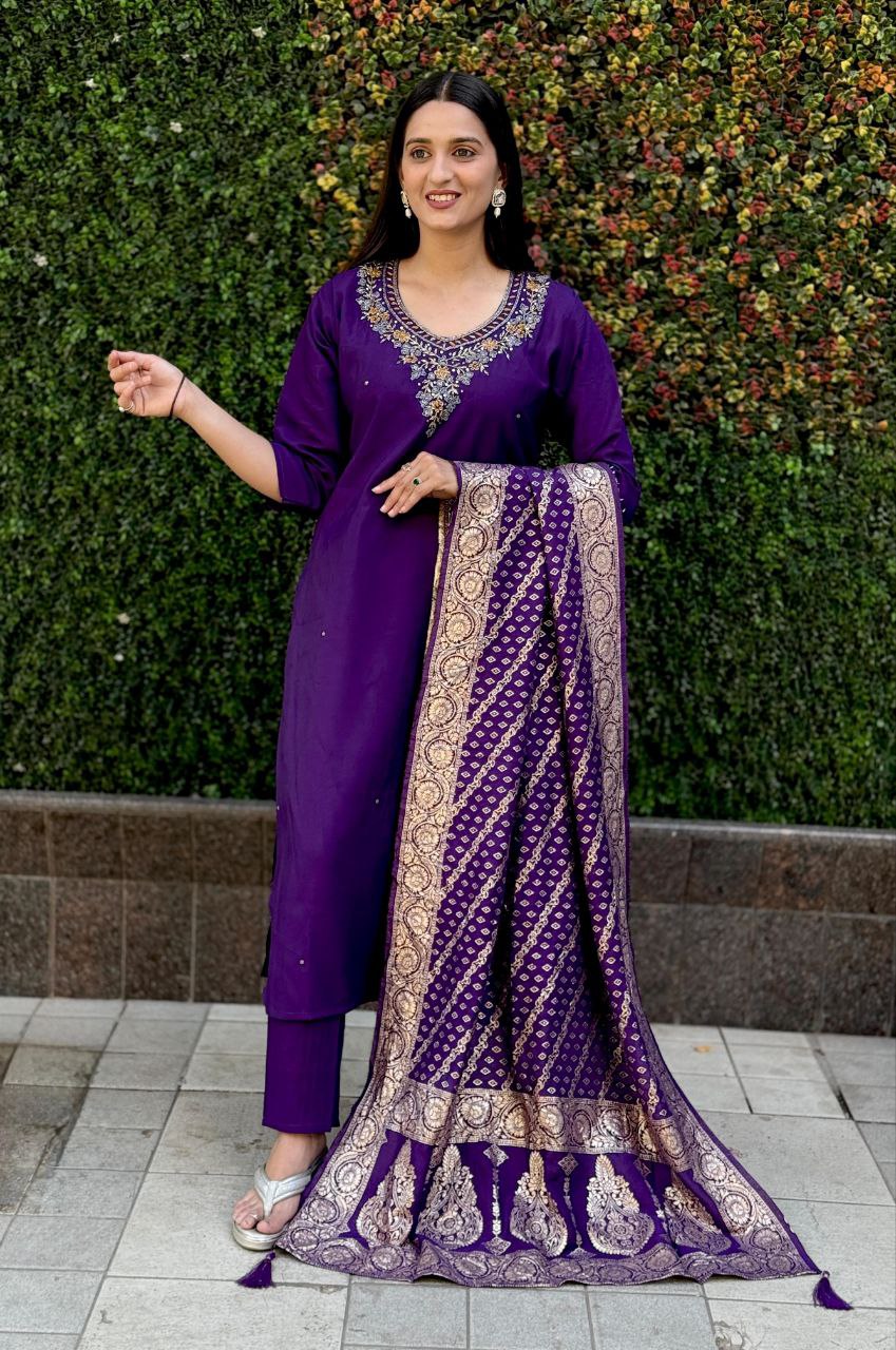 Lorenvalley Fashion Purple Roman Silk Hand Work Kurta Pant with Dupatta - Swadesiicart