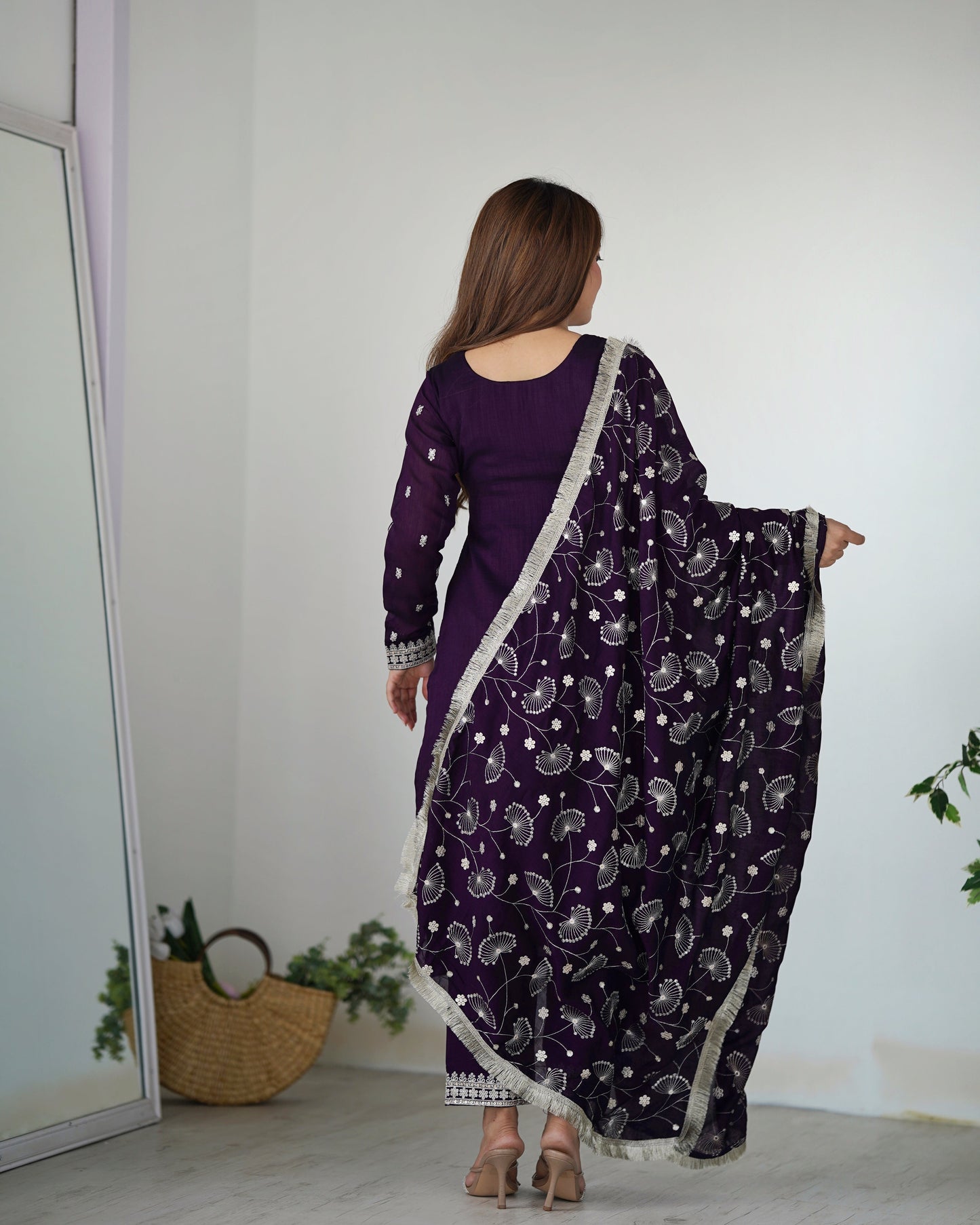 Lorenvalley Purple Rangoli Silk Embroidery Sequence and Jari Work Kurta Trousers with Dupatta Set | Swadesiicart