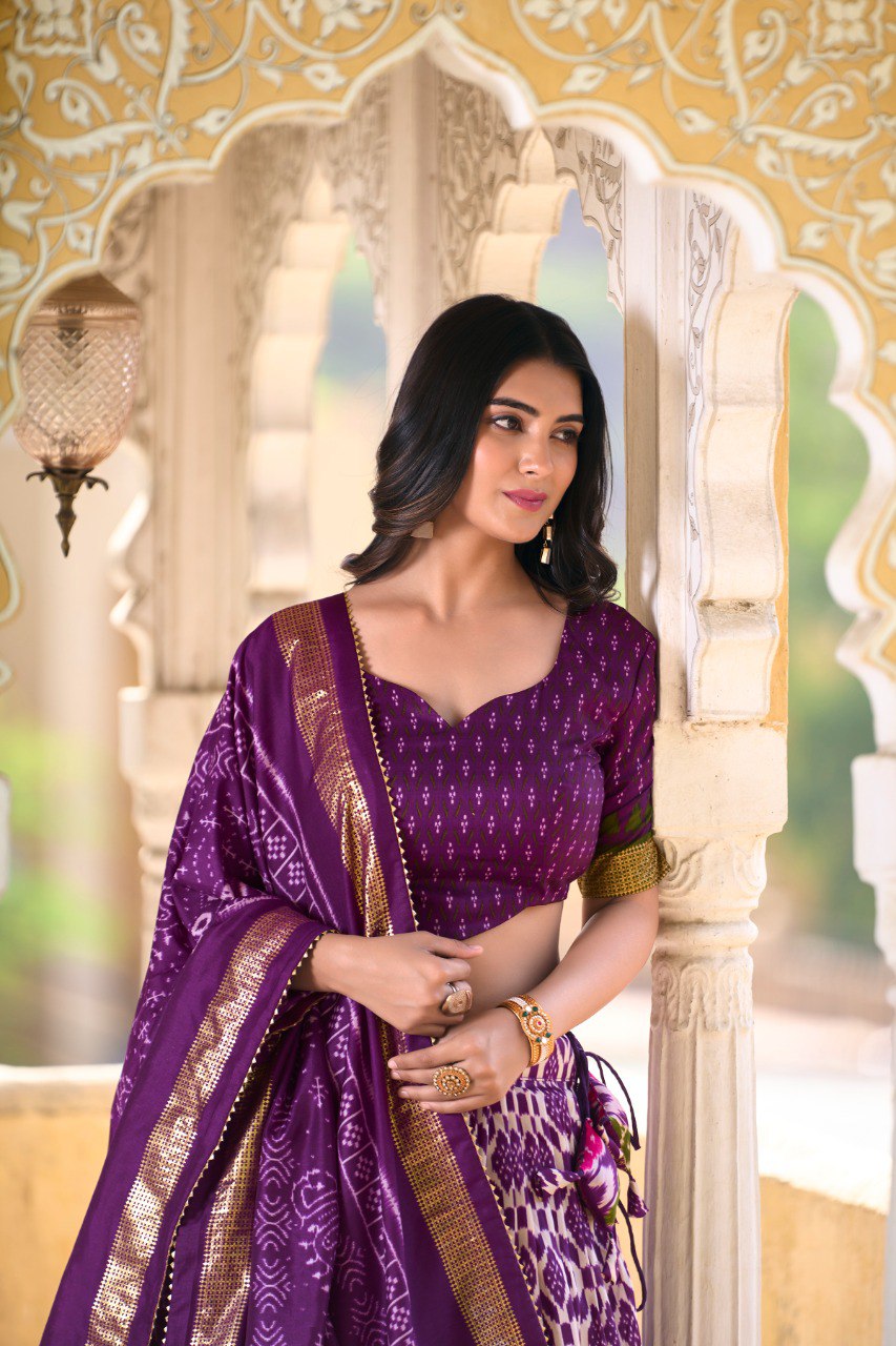 Lorenvalley Purple Tussar Silk Ikkat Print With Foil Work Lehenga Choli with Dupatta | Swadesiicart