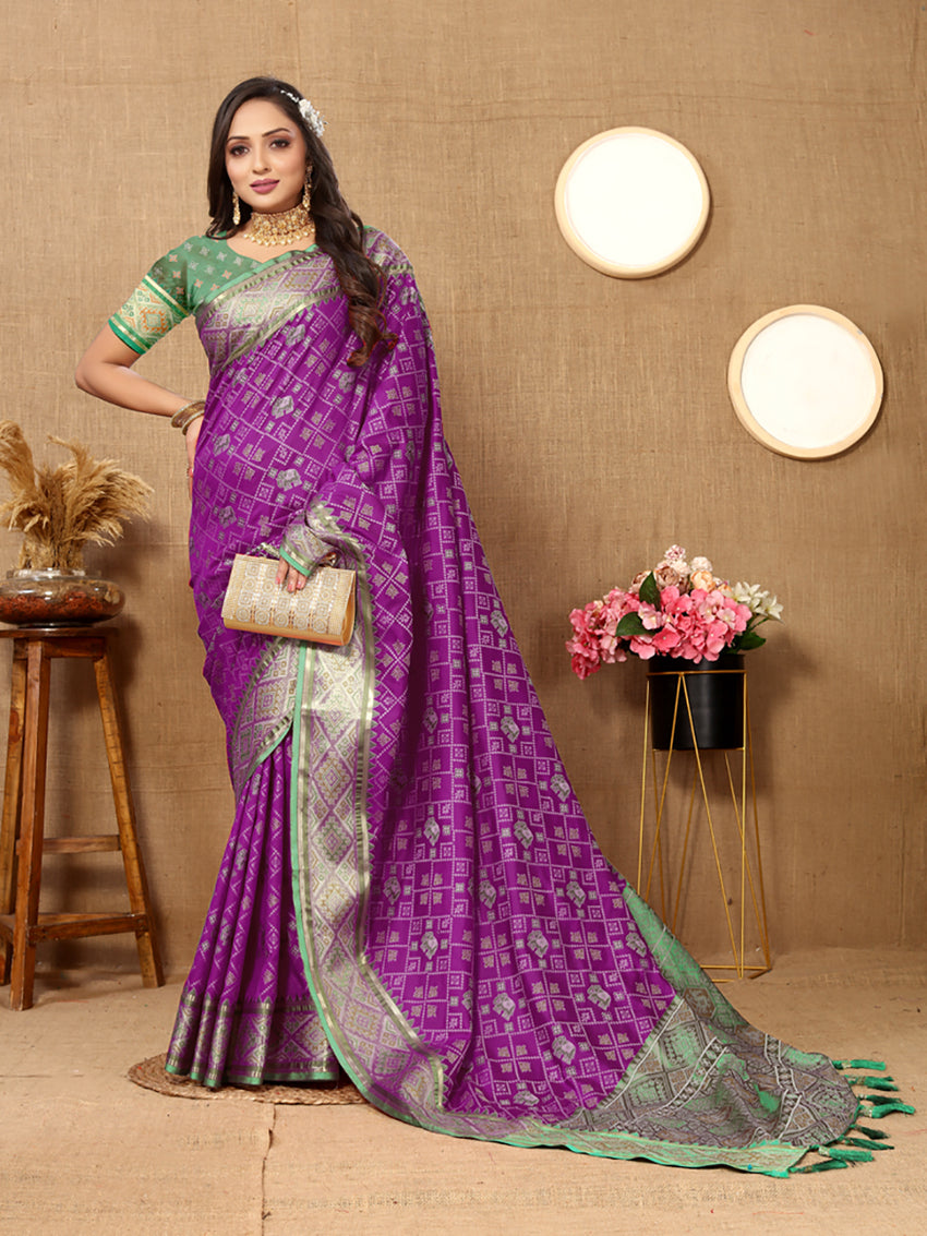 Lorenvalley Fashion Purple Patola Silk Woven Design with Zari Meenakari Weaving motifs Pallu Saree - Swadesiicart
