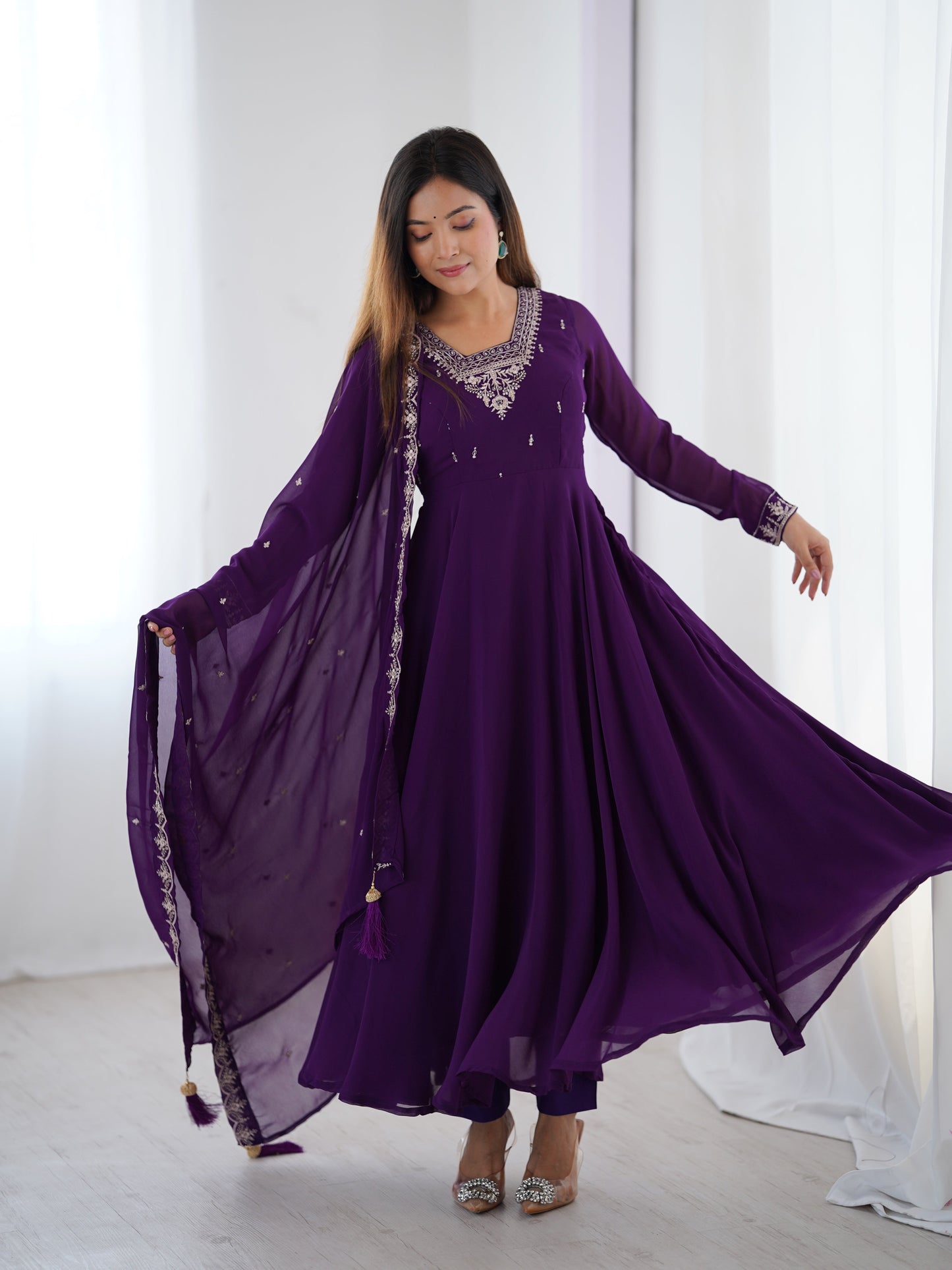 Lorenvalley Purple Faux Georgette Fancy Embroidery Beads And Jari Work Anarkali Kurta Palazzo With Dupatta Set | Swadesiicart