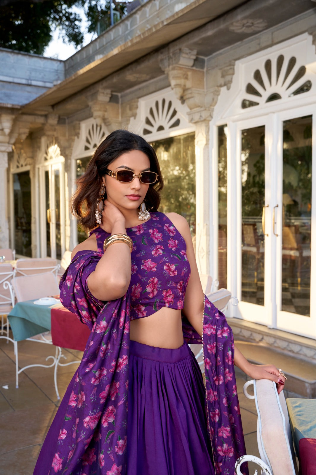 Lorenvalley Purple Tussar Silk Floral Print With Foil Work Lehenga Choli with Dupatta | Swadesiicart