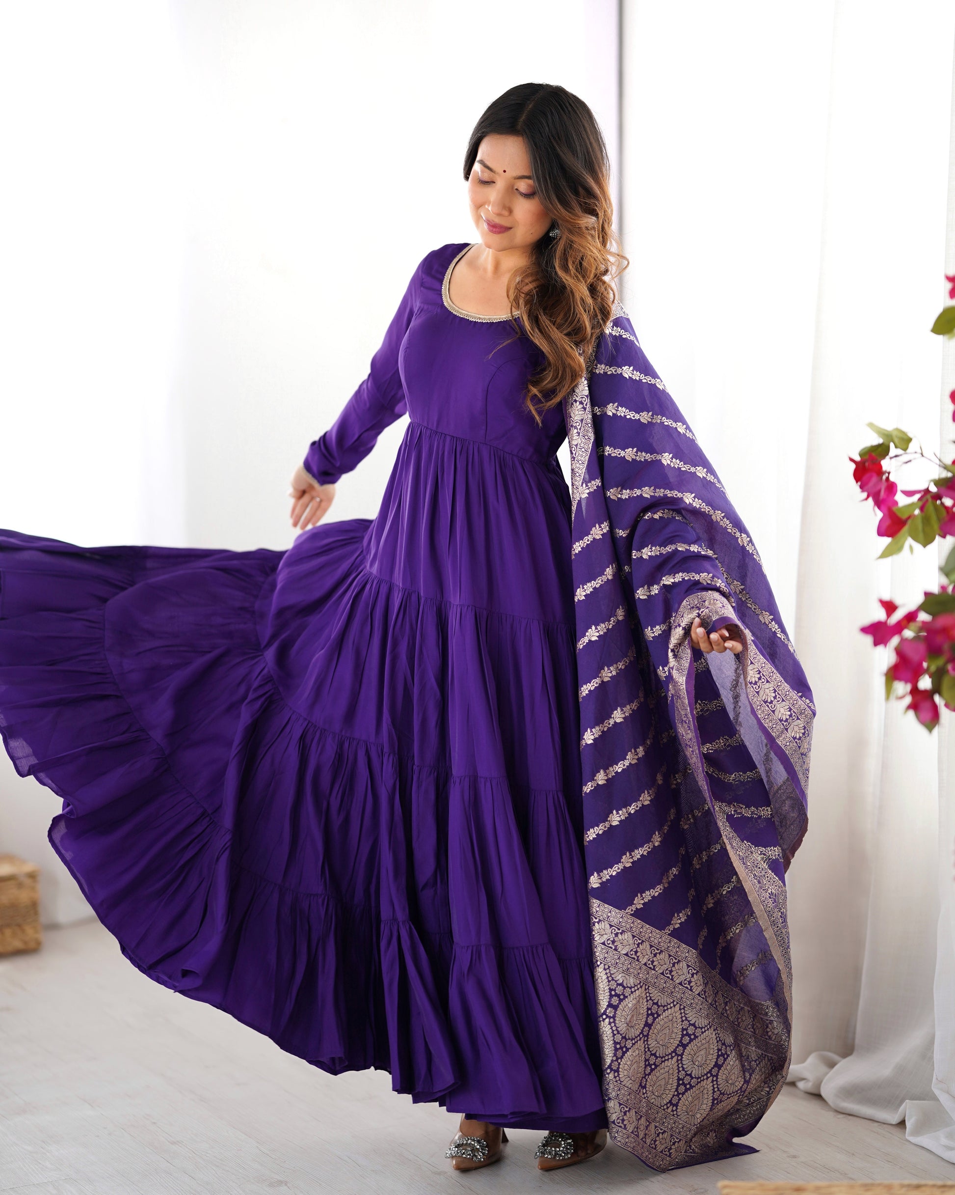 Lorenvalley Women Pure Roman silk Chanderi Fabric Layer Gathering Anarkali Kurta Pant With Dupatta Set | Swadesiicart