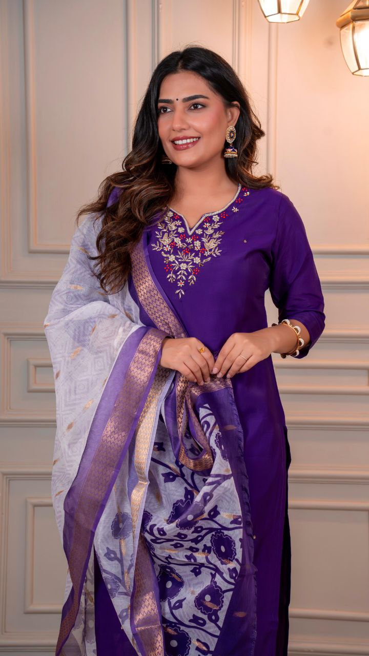 Lorenvalley Fashion Purple Roman Silk Hand Work Kurta Pant with Dupatta - Swadesiicart