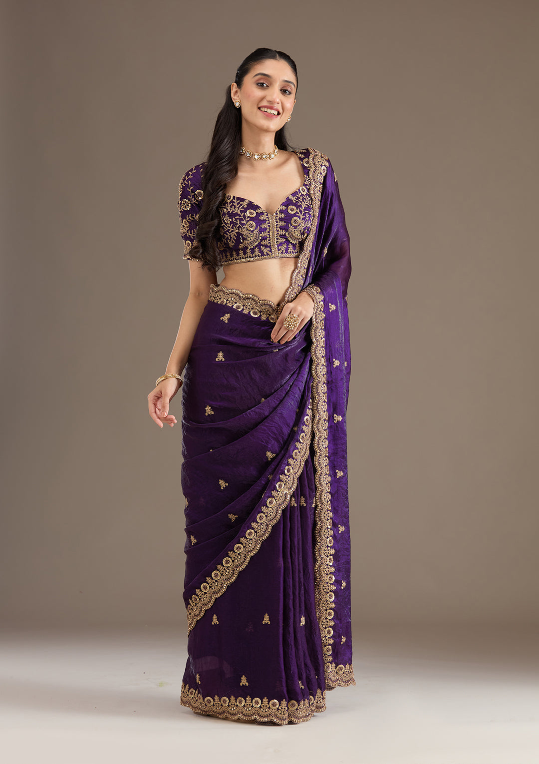 Lorenvalley Fashion Purple Fendi Satin with Embroidery Double Sequence Work Saree with Blouse - Swadesiicart