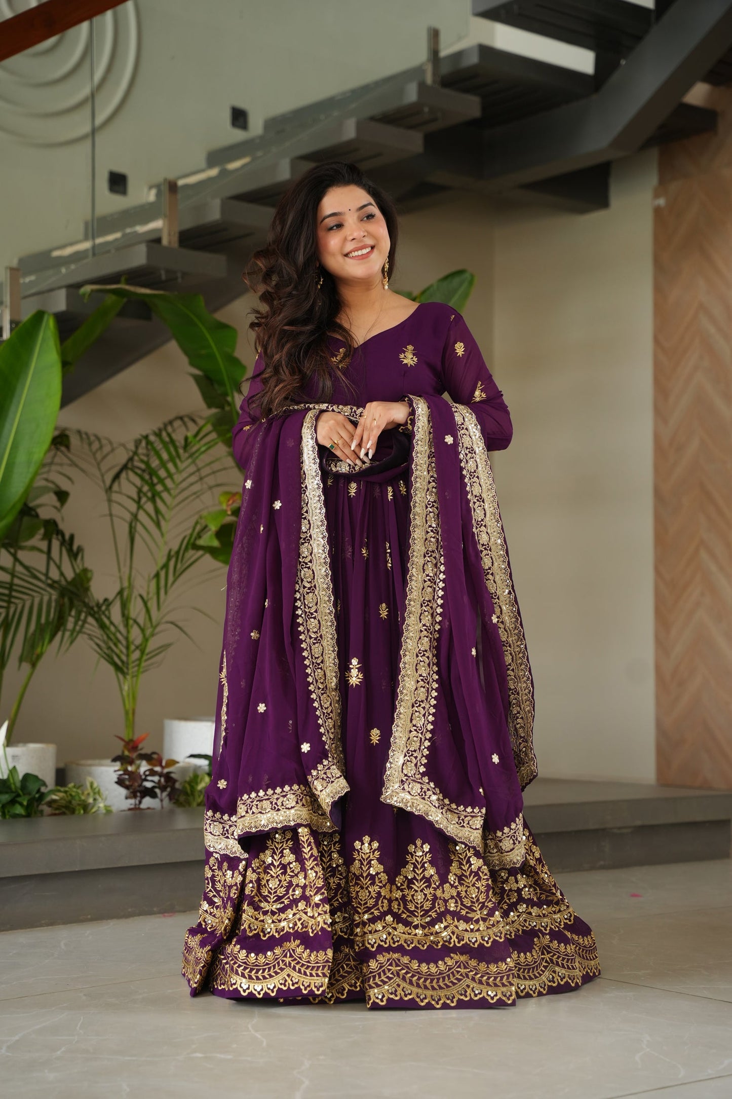 Lorenvalley Fashion Purple Faux Georgette with Zari & Sequins Embroidered Work Anarkali Gown with Dupatta - Swadesiicart