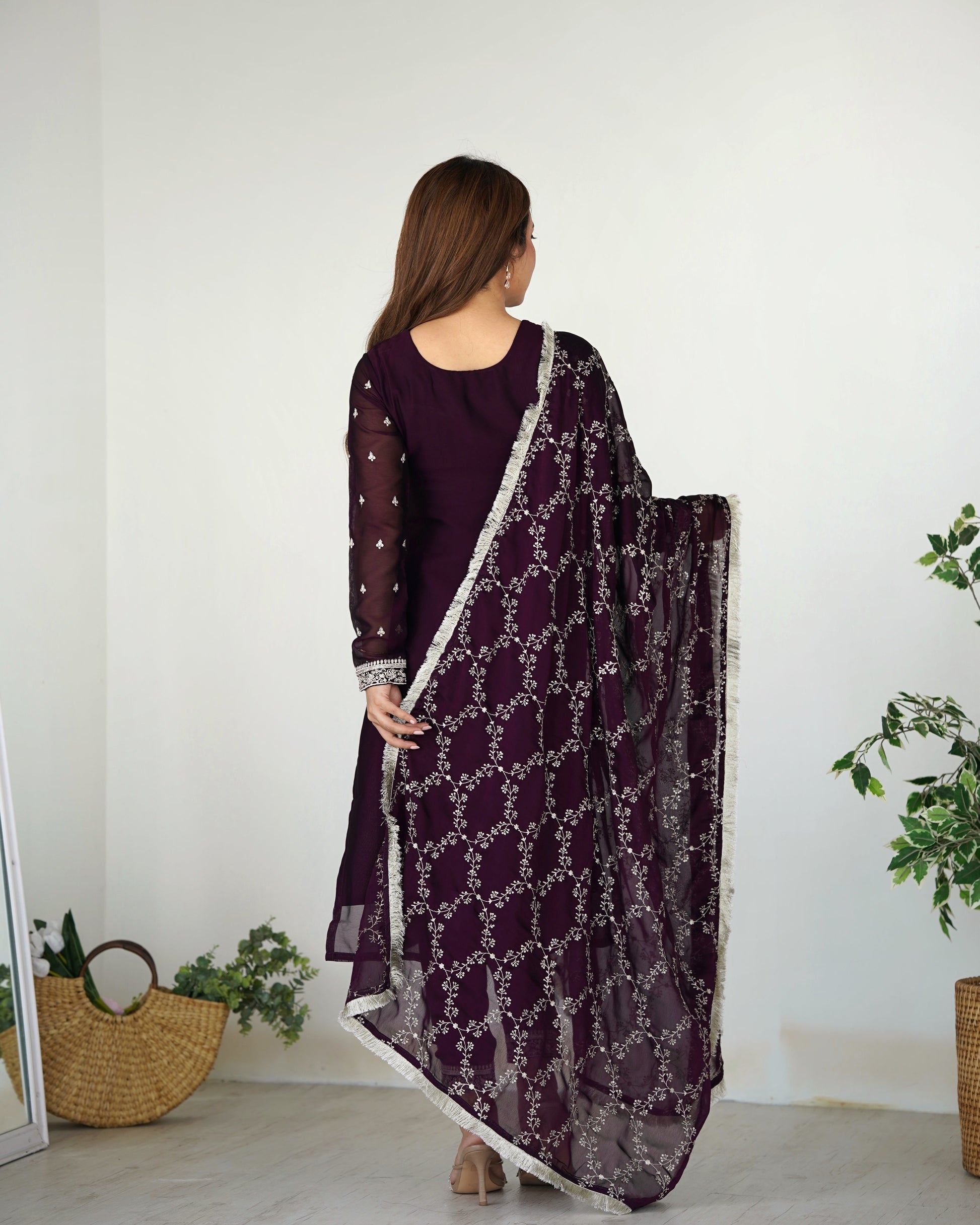 Lorenvalley Wine Rangoli Silk Embroidery Sequence And Thread Work Kurta Trousers with Dupatta Set | Swadesiicart