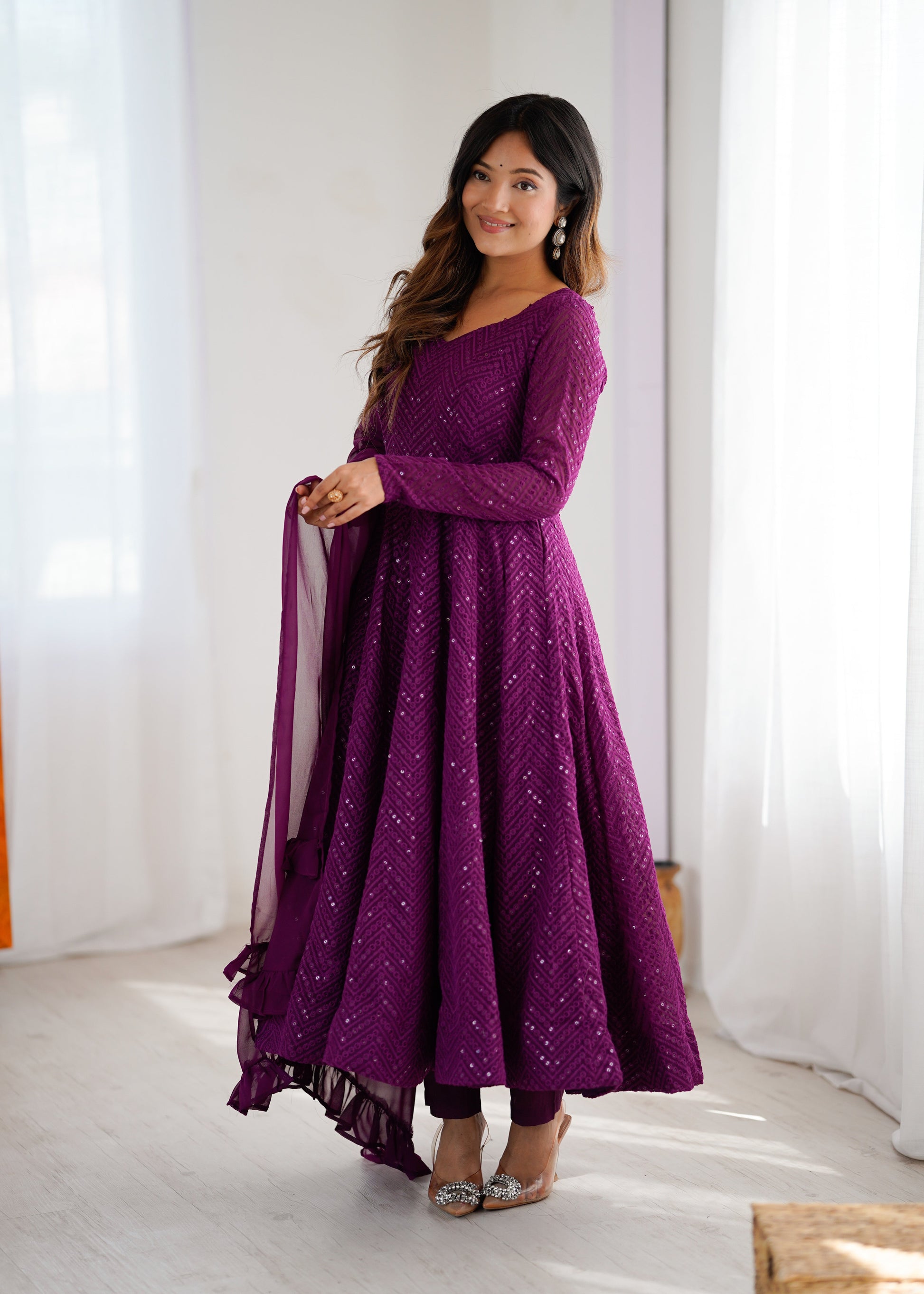 Lorenvalley Purple Faux Georgette Lukhnowi Sequence Work Anarkali Kurta Pant With Dupatta Set - Swadesiicart