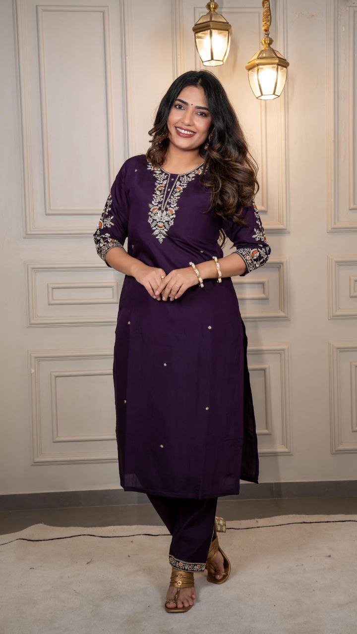 Lorenvalley Fashion Purple Roman Silk Embroidery Multi Work Kurta Pant with Dupatta - Swadesiicart