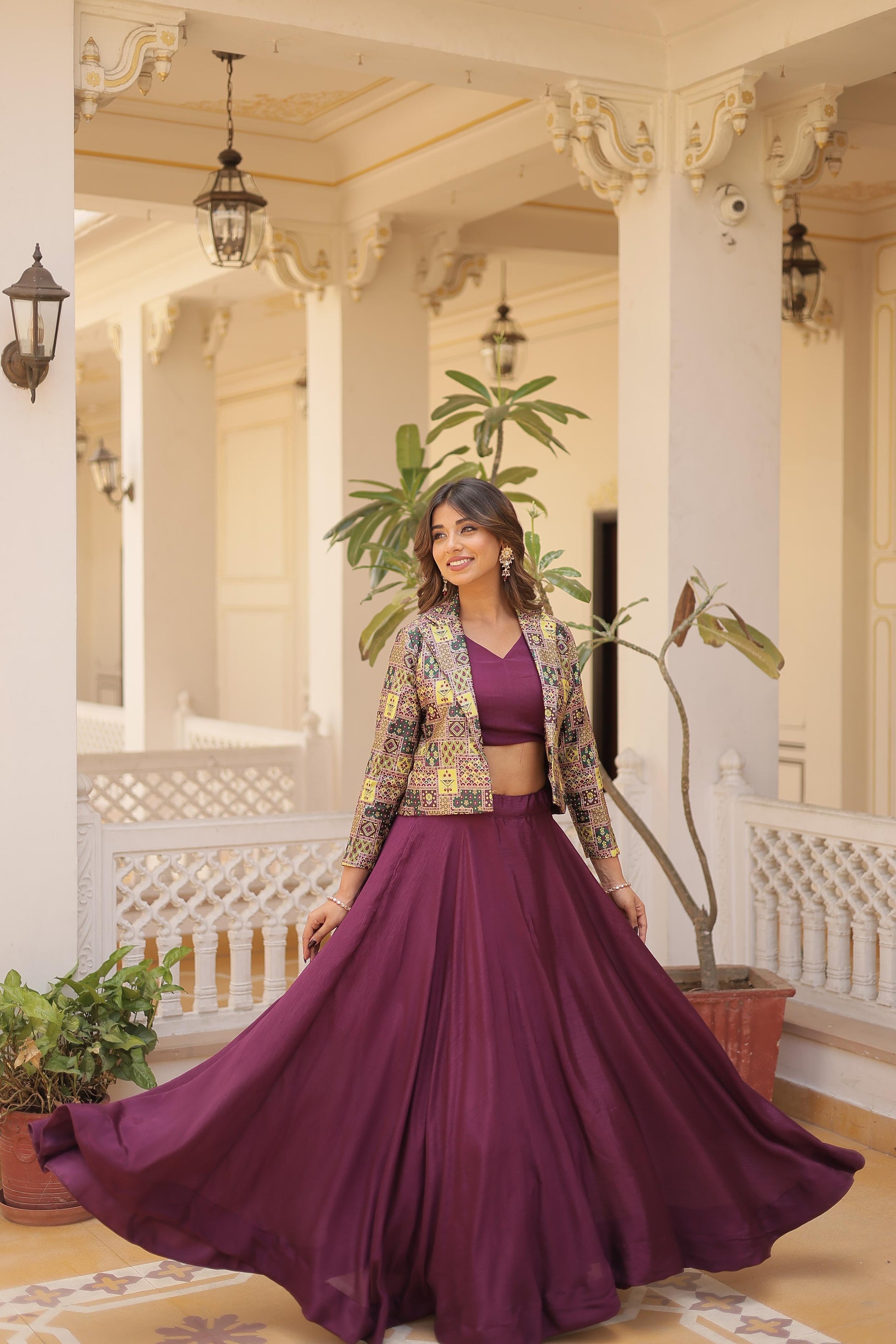 Lorenvalley Purple Premium Chinnon Lehenga Choli with Jacquard Woven Design Koti | Swadesiicart