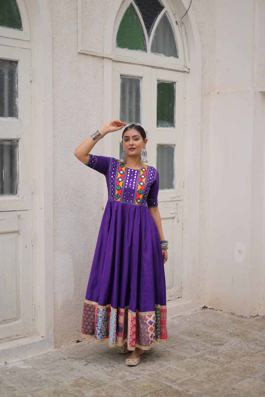 Lorenvalley Fashion Purple Roman Silk with Thread with mirror work & Maslin Crochet Print Work Gown | Swadesiicart