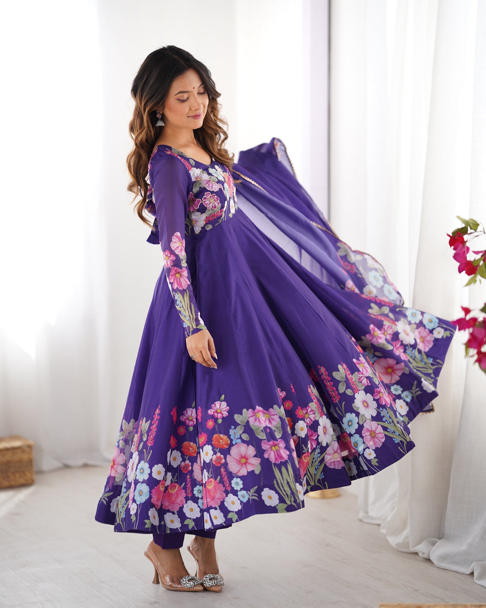 Lorenvalley Purple Soft Organza Silk With Floral Print Fully Flared Anarkali Pant With Dupatta Set | Swadesiicart