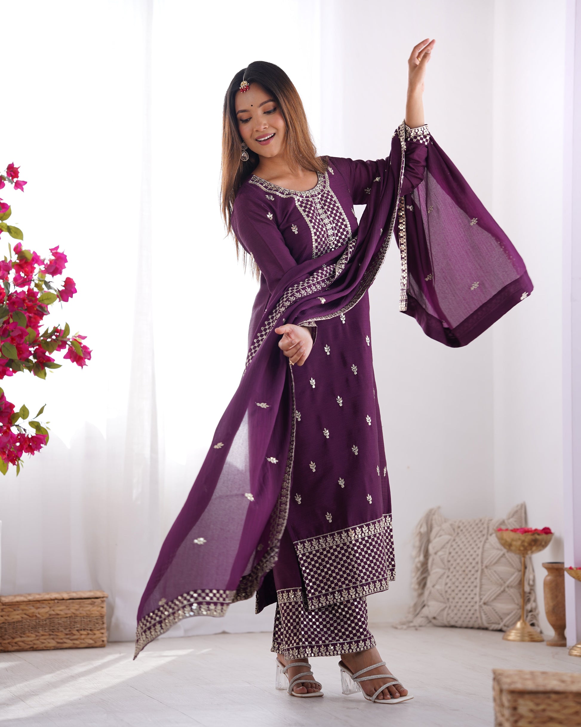 Lorenvalley Purple Chinon Silk Embroidery Sequence and Jari Work Kurta Trousers with Dupatta Set | Swadesiicart