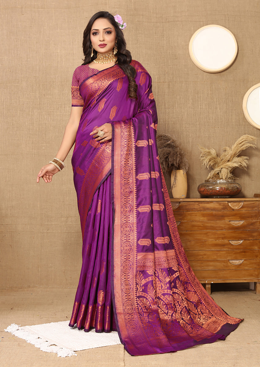 Lorenvalley Fashion Purple Soft Katan Silk Woven Design Copper Zari Weaving Saree - Swadesiicart