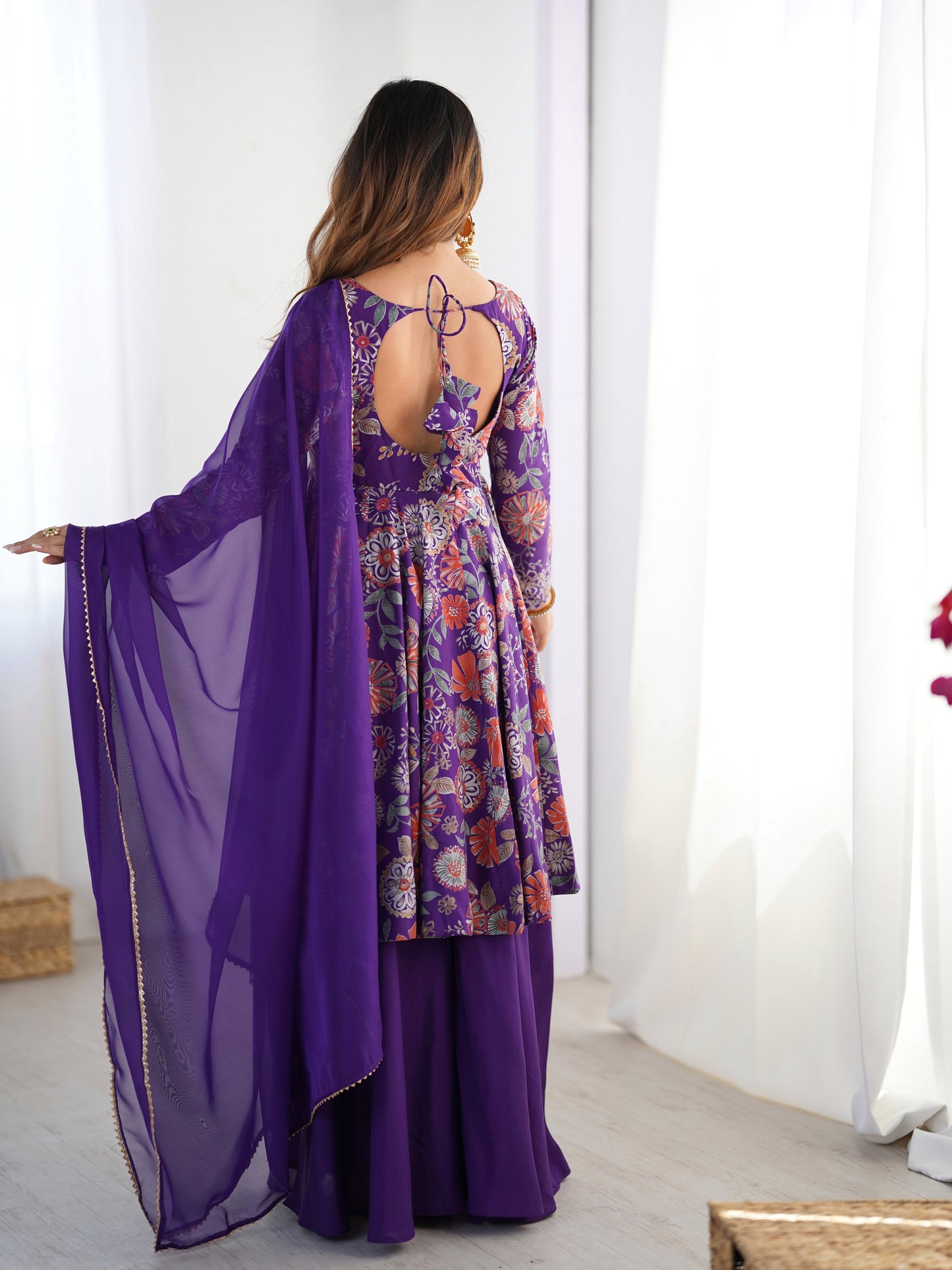 Lorenvalley Women Pure Soft Roman silk Chanderi Discharge Print Fabric Kediya Kurta Palazzo with Dupatta Set | Swadesiicart