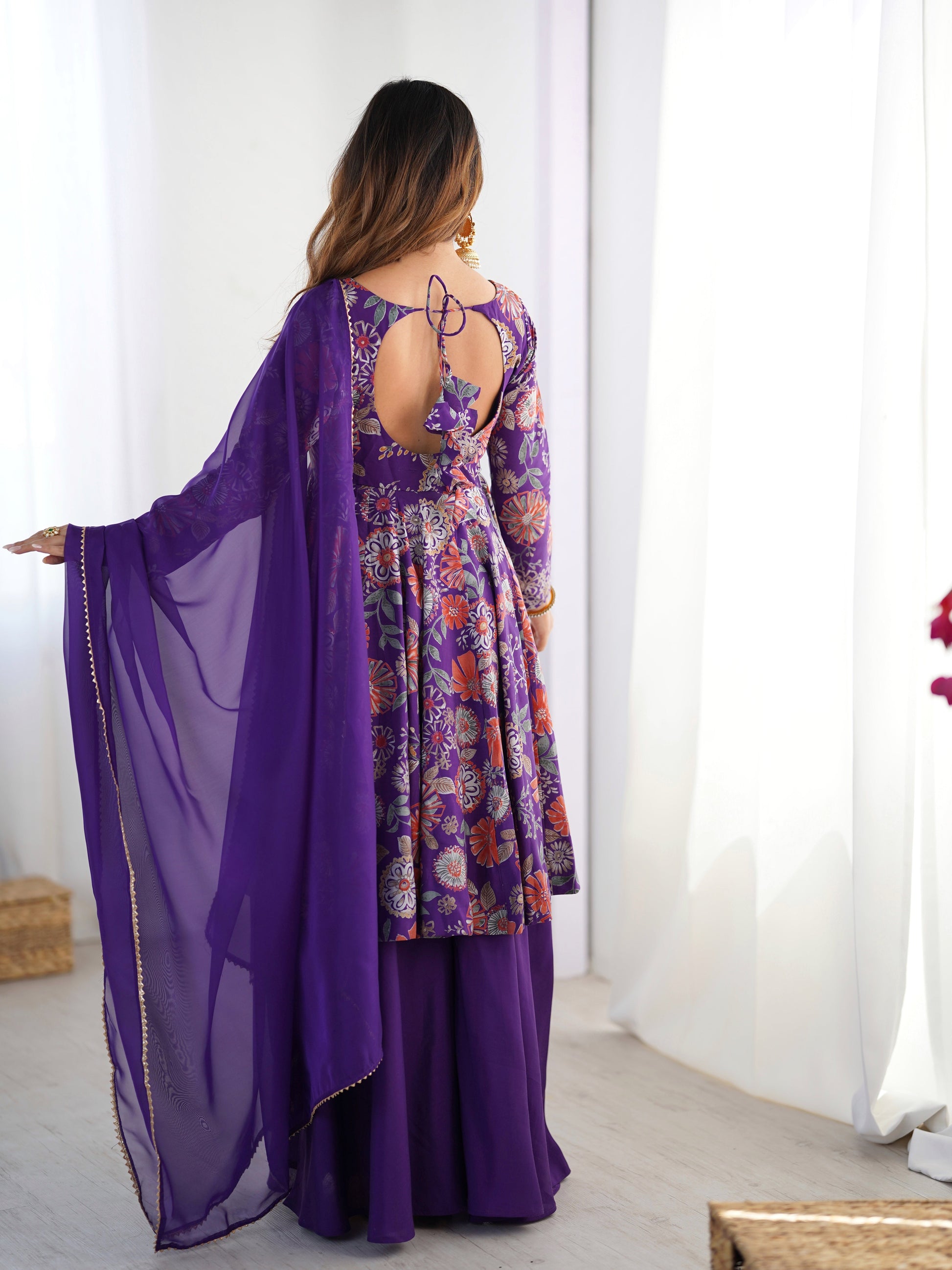 Lorenvalley Women Pure Soft Roman silk Chanderi Discharge Print Fabric Kediya Kurta Palazzo with Dupatta Set | Swadesiicart