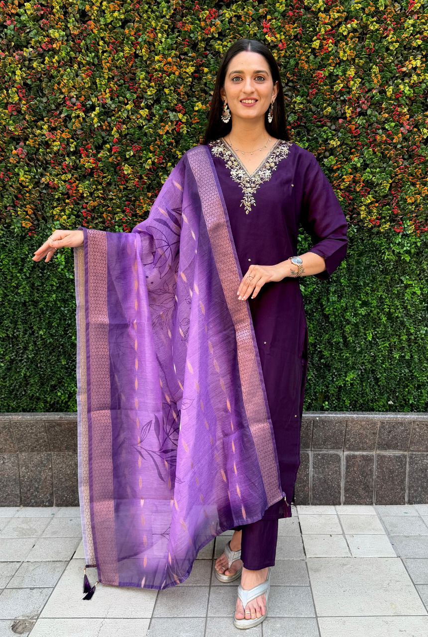 Lorenvalley Fashion Purple Roman Silk Hand Work Kurta Pant with Dupatta - Swadesiicart