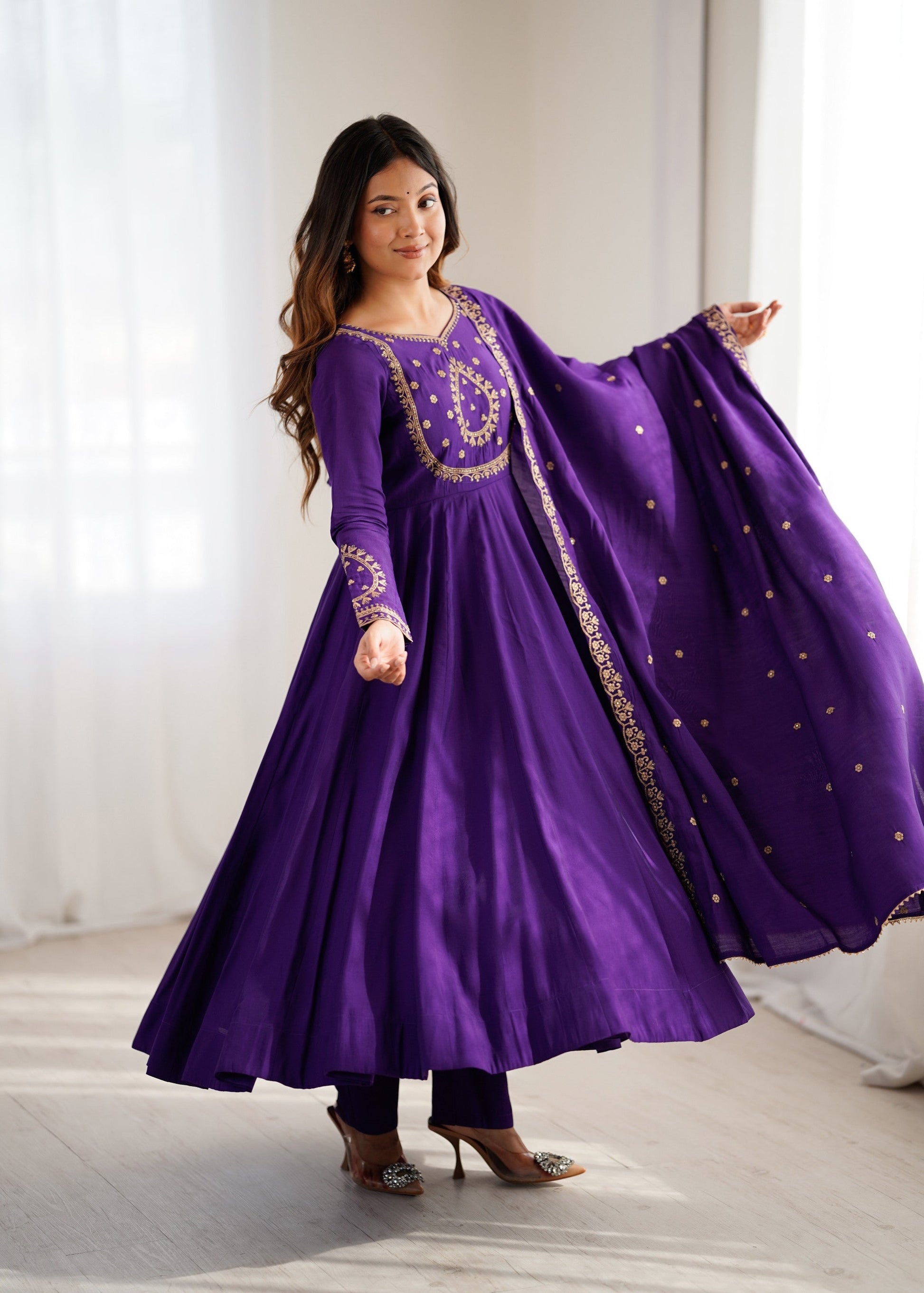 Lorenvalley Fashion Purple Roman Chanderi Silk Handwork Beads Work Anarkali Pant with Dupatta - Swadesiicart