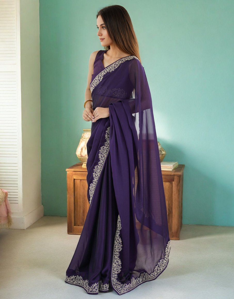 Lorenvalley Fashion Purple Rangoli Silk with Coding Lace Work Saree with Blouse - Swadesiicart