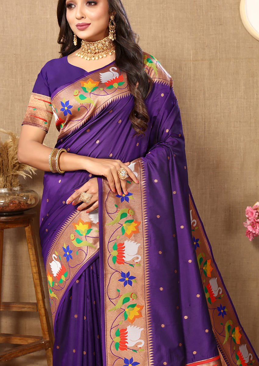 Lorenvalley Fashion Purple Soft Paithani Silk Woven Design Rich Zari Meenakari Weaving Saree - Swadesiicart
