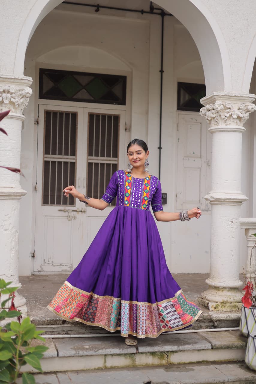 Lorenvalley Fashion Purple Roman Silk with Thread with mirror work & Maslin Crochet Print Work Gown | Swadesiicart
