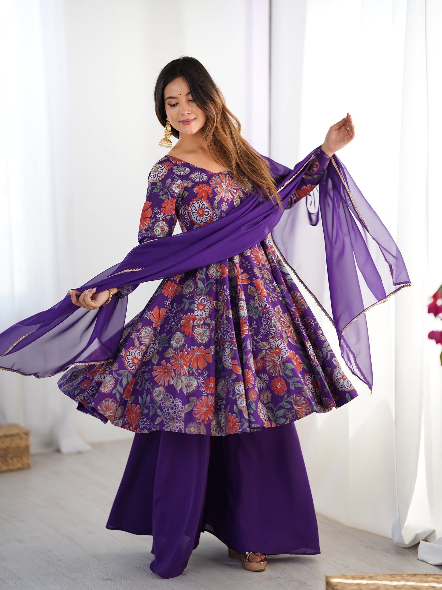 Lorenvalley Women Pure Soft Roman silk Chanderi Discharge Print Fabric Kediya Kurta Palazzo with Dupatta Set | Swadesiicart
