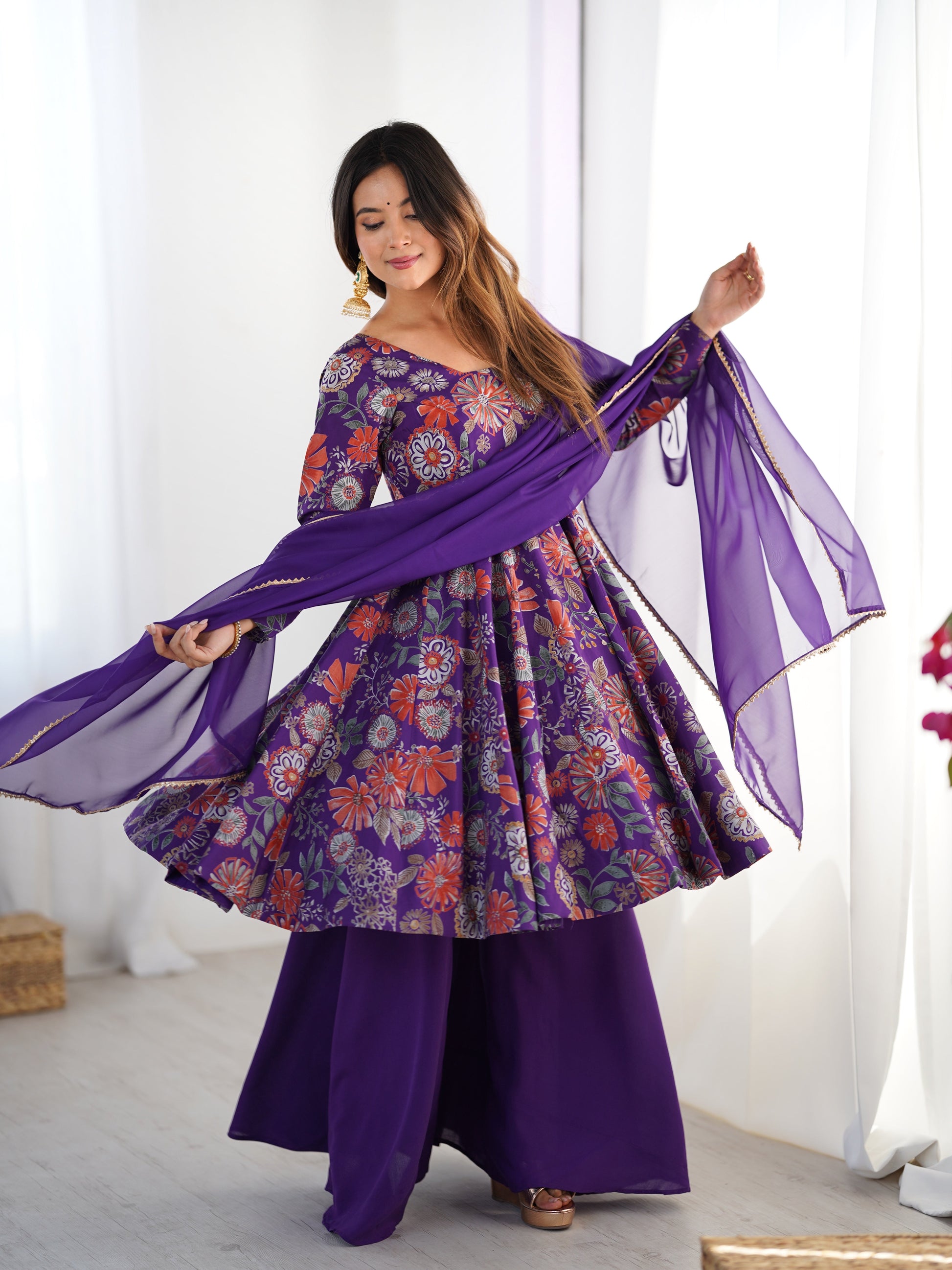 Lorenvalley Women Pure Soft Roman silk Chanderi Discharge Print Fabric Kediya Kurta Palazzo with Dupatta Set | Swadesiicart