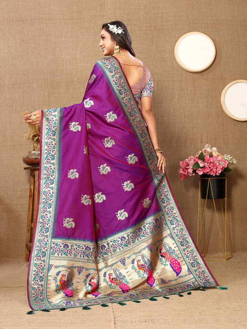Lorenvalley Fashion Purple Soft Paithani Silk Woven Design Rich Meenakari Zari Weaving Pallu Saree - Swadesiicart