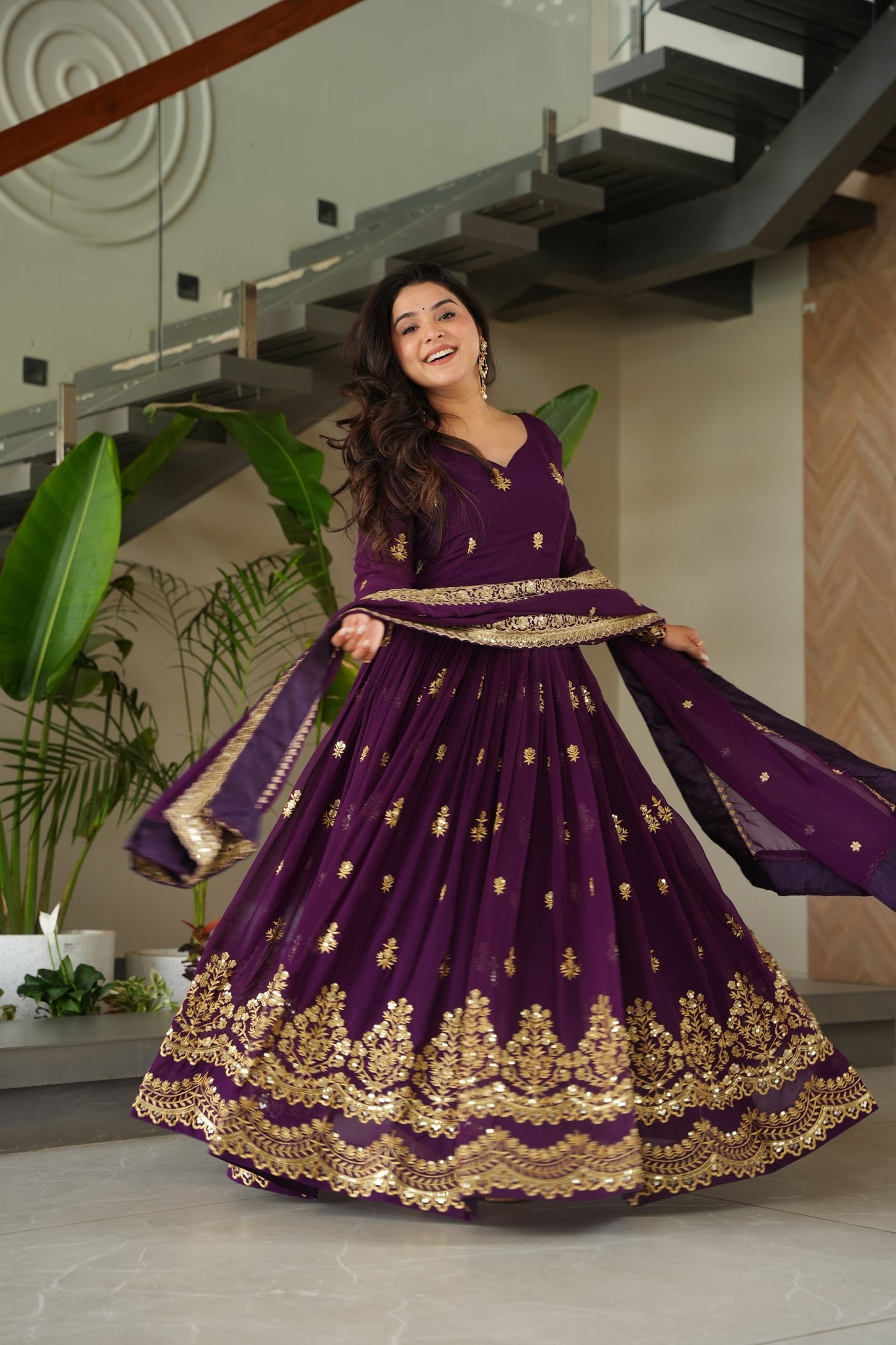Lorenvalley Fashion Purple Faux Georgette with Zari & Sequins Embroidered Work Anarkali Gown with Dupatta - Swadesiicart