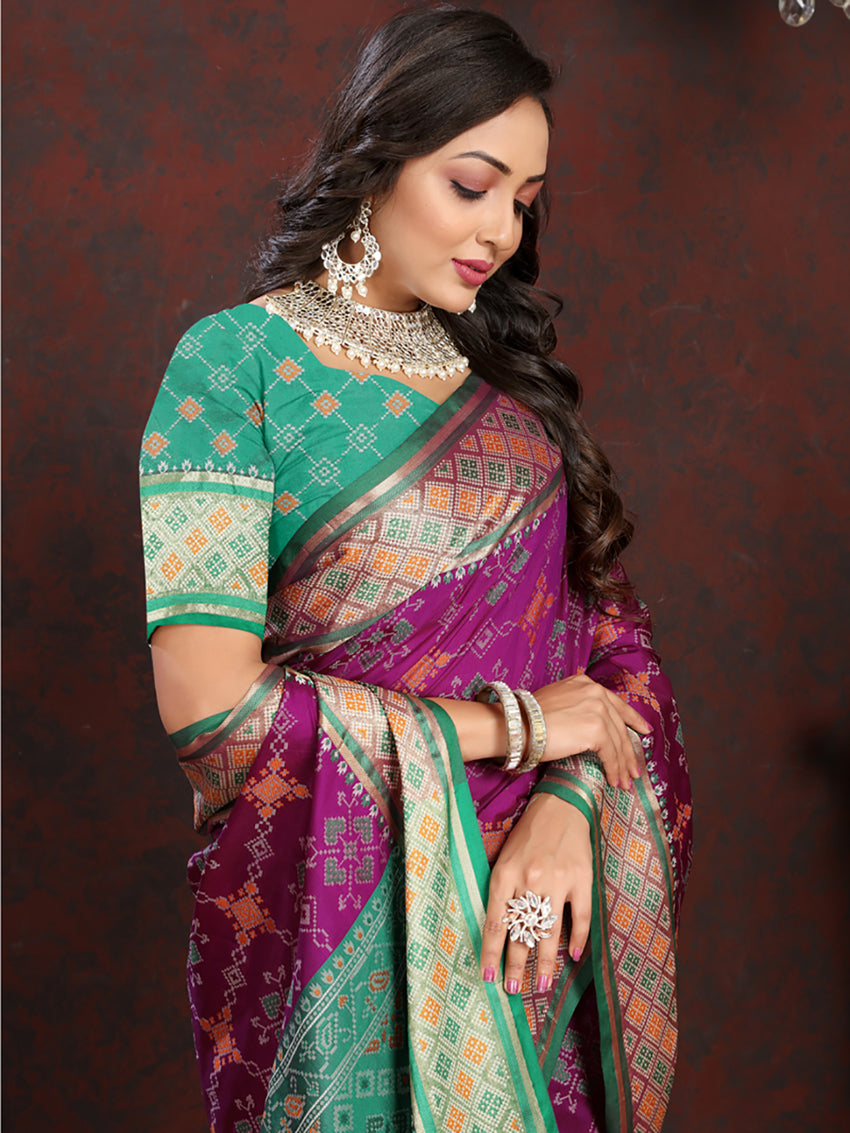 Lorenvalley Fashion Purple Patola Silk Woven Design with Zari Meenakari Weaving motifs Pallu Saree - Swadesiicart