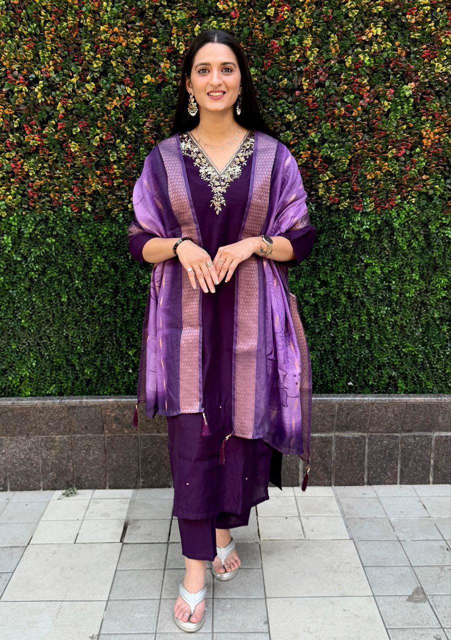 Lorenvalley Fashion Purple Roman Silk Hand Work Kurta Pant with Dupatta - Swadesiicart