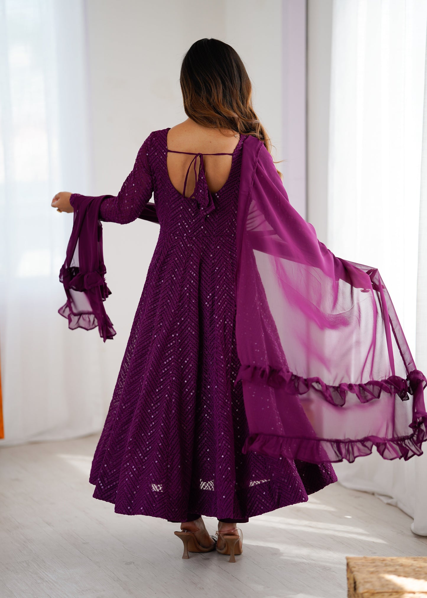 Lorenvalley Purple Faux Georgette Lukhnowi Sequence Work Anarkali Kurta Pant With Dupatta Set - Swadesiicart