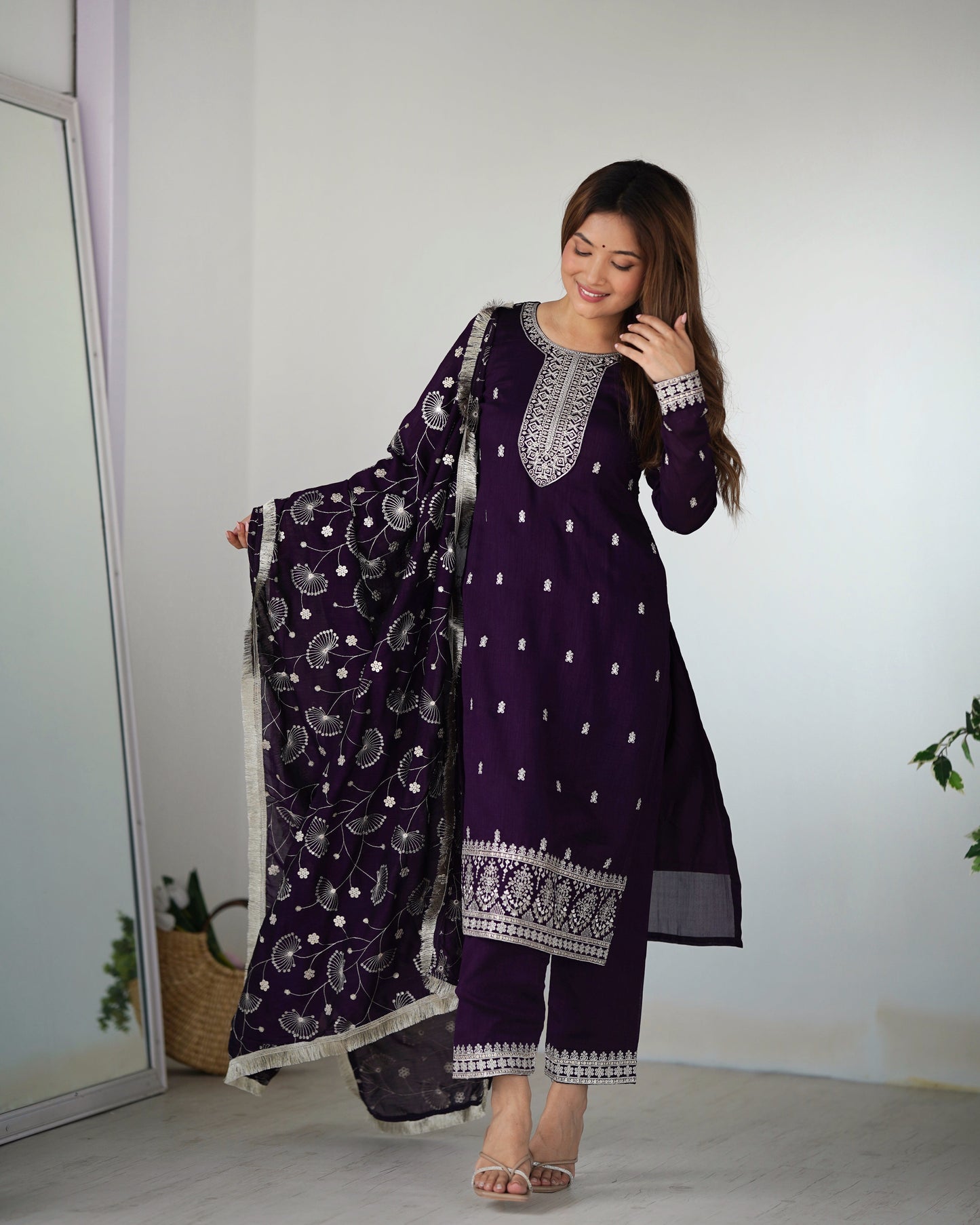 Lorenvalley Purple Rangoli Silk Embroidery Sequence and Jari Work Kurta Trousers with Dupatta Set | Swadesiicart