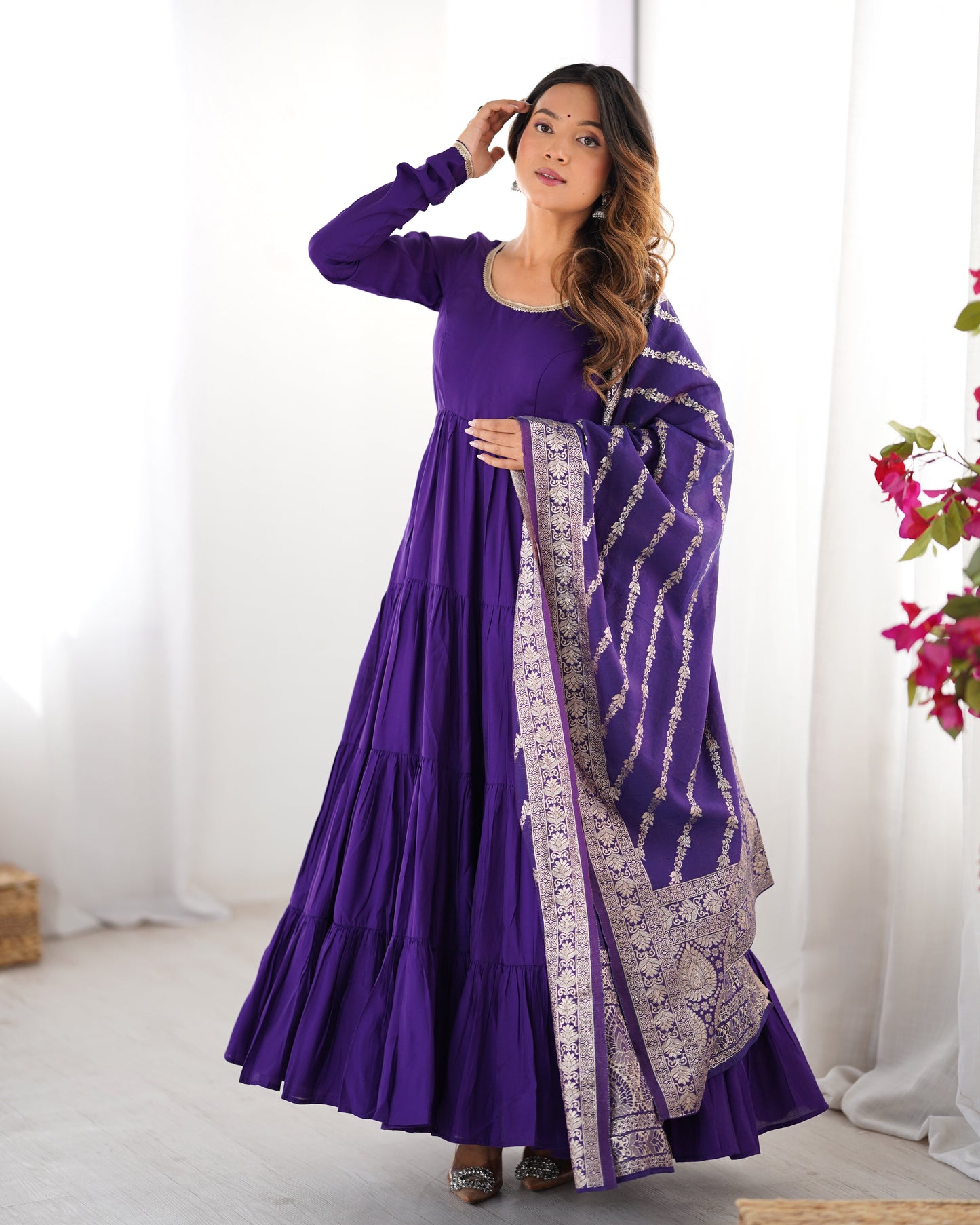 Lorenvalley Women Pure Roman silk Chanderi Fabric Layer Gathering Anarkali Kurta Pant With Dupatta Set | Swadesiicart
