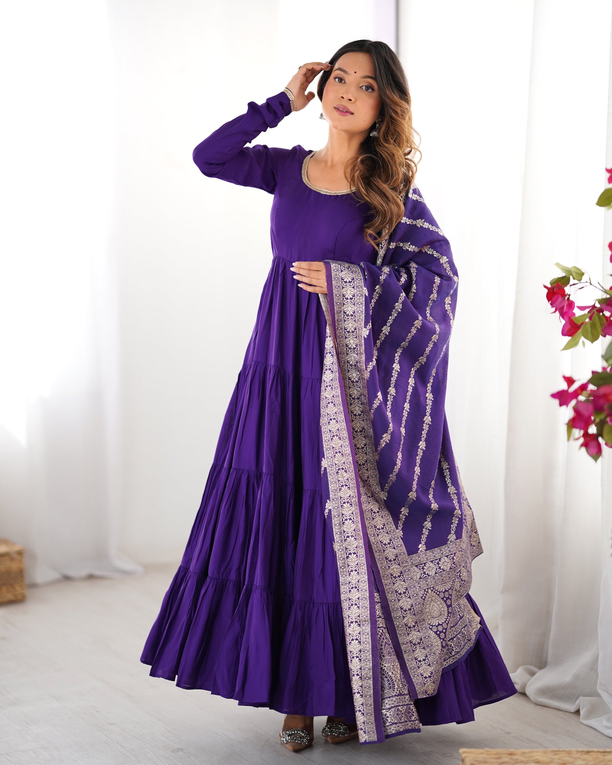 Lorenvalley Women Pure Roman silk Chanderi Fabric Layer Gathering Anarkali Kurta Pant With Dupatta Set | Swadesiicart