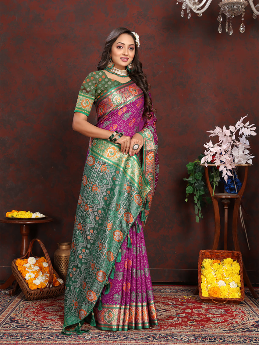 Lorenvalley Fashion Purple Patola Silk Woven Design with Zari Meenakari Weaving motifs Pallu Saree - Swadesiicart