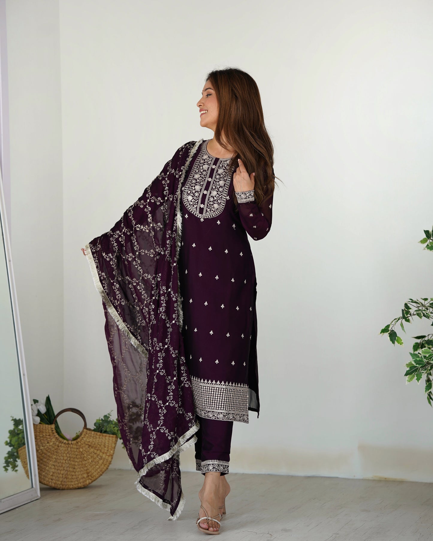 Lorenvalley Wine Rangoli Silk Embroidery Sequence And Thread Work Kurta Trousers with Dupatta Set | Swadesiicart