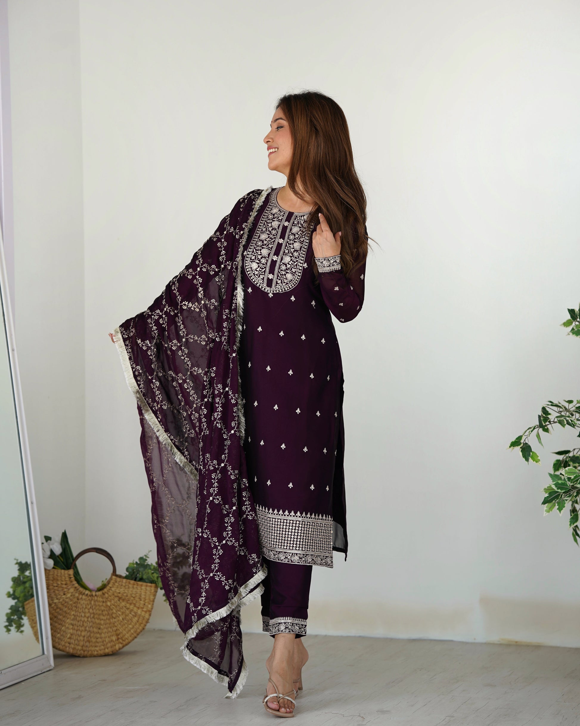 Lorenvalley Wine Rangoli Silk Embroidery Sequence And Thread Work Kurta Trousers with Dupatta Set | Swadesiicart