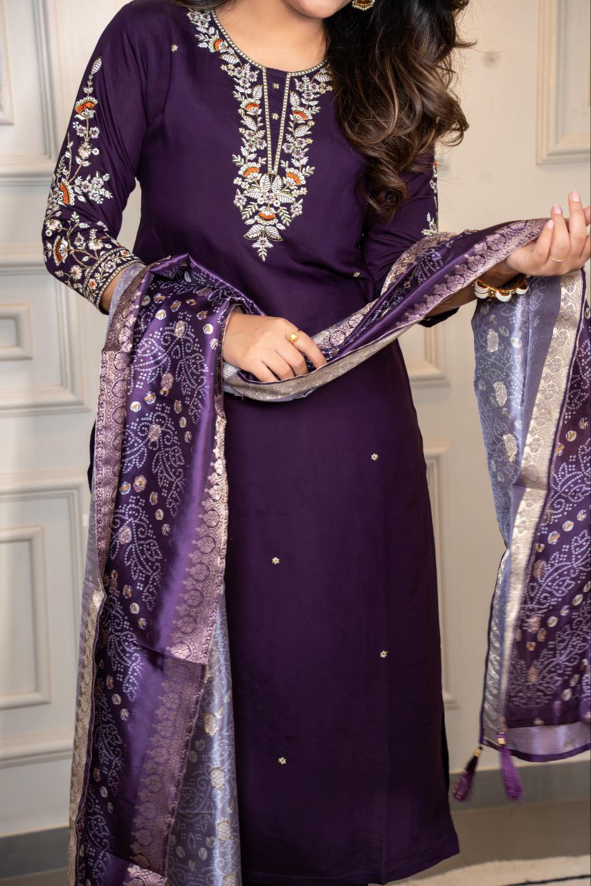 Lorenvalley Fashion Purple Roman Silk Embroidery Multi Work Kurta Pant with Dupatta - Swadesiicart