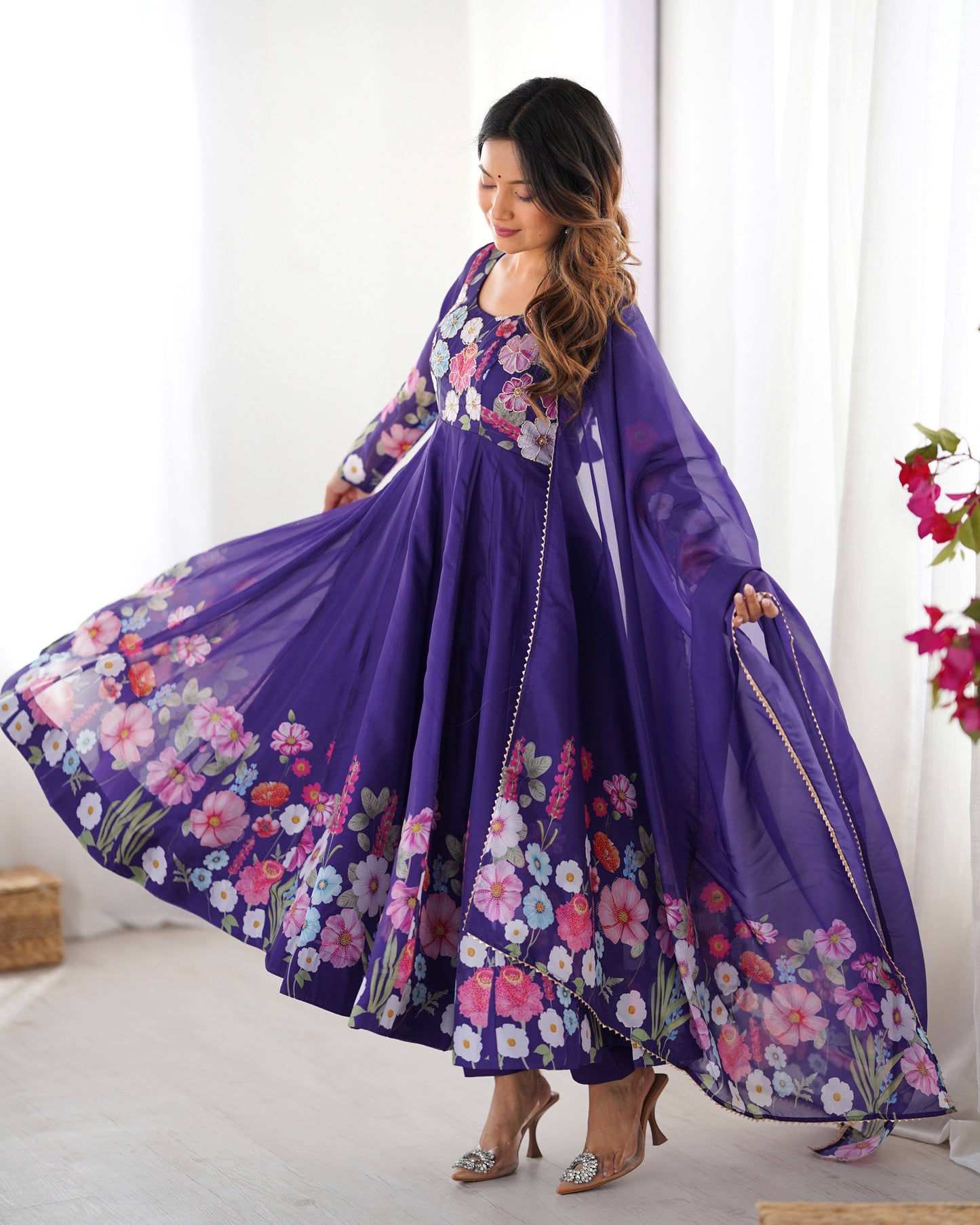 Lorenvalley Purple Soft Organza Silk With Floral Print Fully Flared Anarkali Pant With Dupatta Set | Swadesiicart