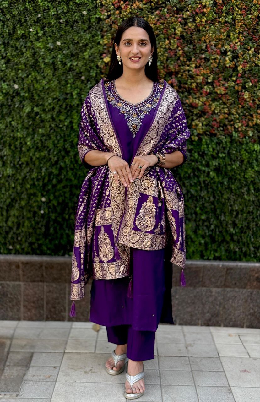 Lorenvalley Fashion Purple Roman Silk Hand Work Kurta Pant with Dupatta - Swadesiicart