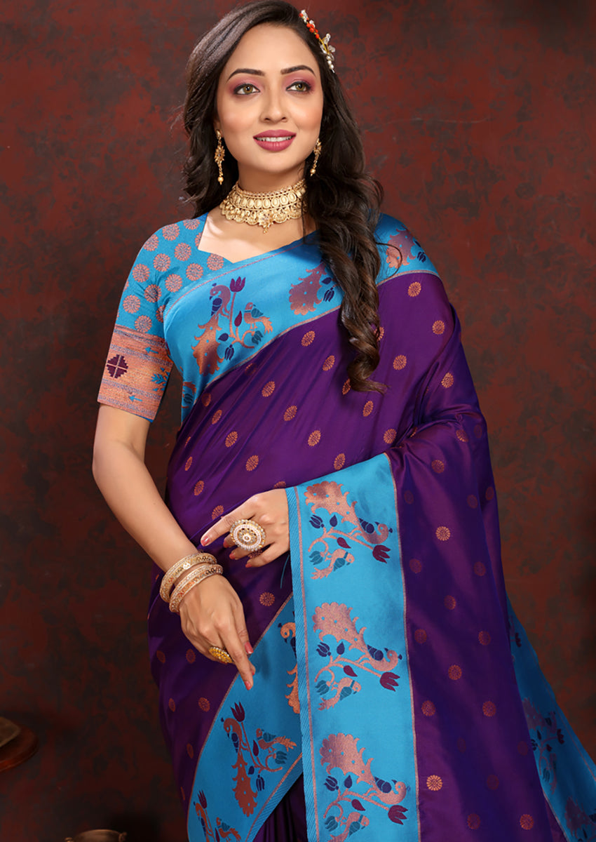 Lorenvalley Fashion Purple Soft Paithani Silk Woven Design Rich Zari Meenakari Weaving Saree - Swadesiicart