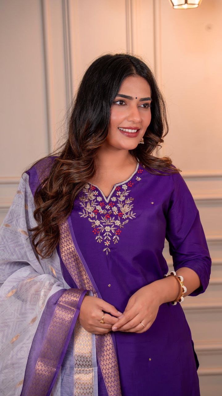 Lorenvalley Fashion Purple Roman Silk Hand Work Kurta Pant with Dupatta - Swadesiicart